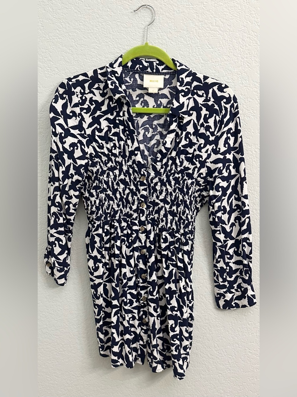 Maeve Anthropologie Navy Print Smocked Shirt Dress Linen Blend M
